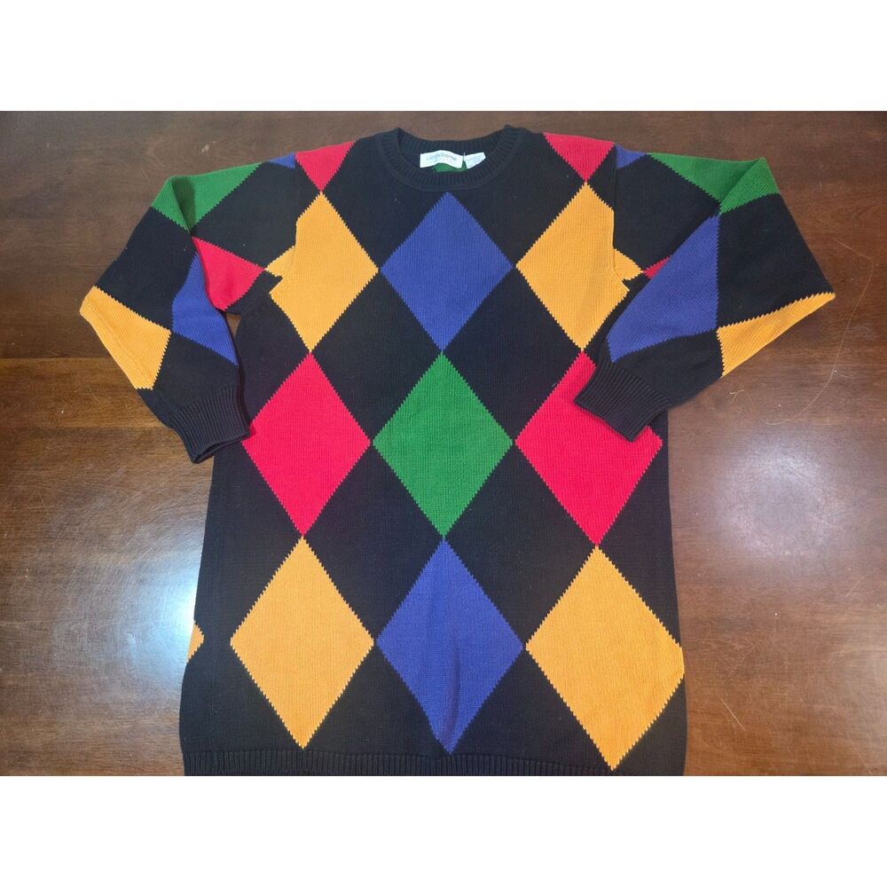 Vtg Liz Claiborne Collection Colorblock Argyle Sweater 100% Cotton Size S